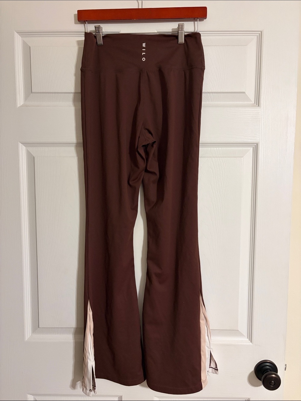 WILO The Label Brown Stripe Flare Leggings Split Hem Yoga Pants